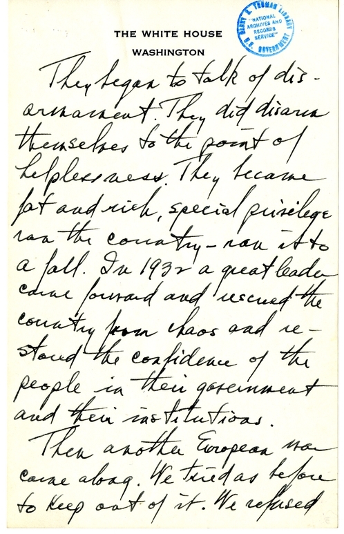 Longhand Note of President Harry S. Truman