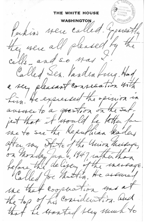 Longhand Note of President Harry S. Truman