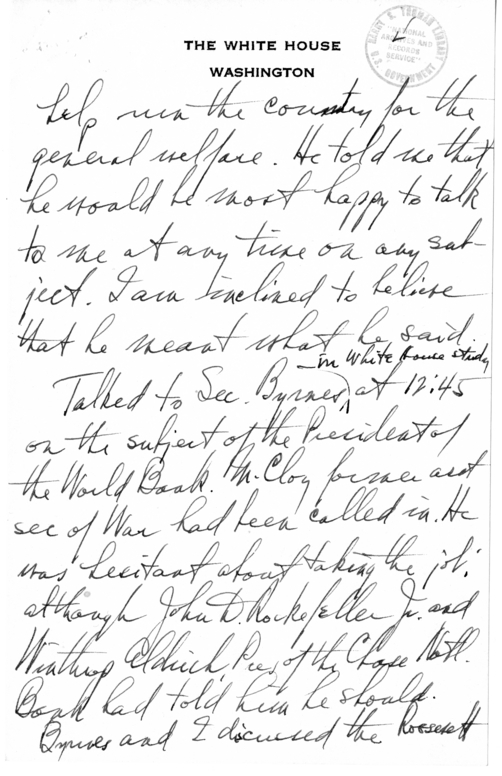 Longhand Note of President Harry S. Truman