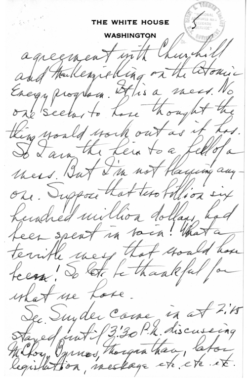 Longhand Note of President Harry S. Truman