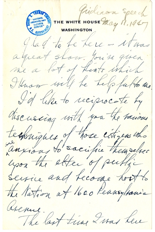 Longhand Draft of Gridiron Dinner Speech of President Harry S. Truman