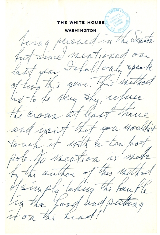 Longhand Draft of Gridiron Dinner Speech of President Harry S. Truman