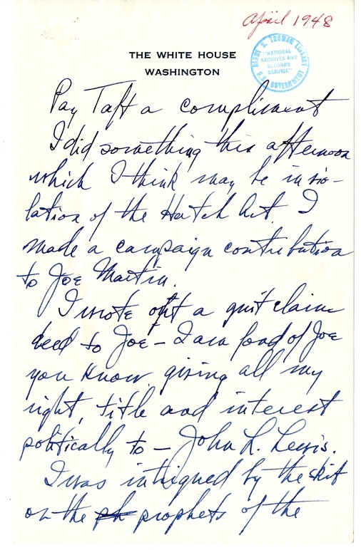 Longhand Note of President Harry S. Truman