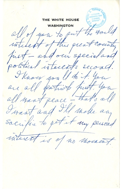 Longhand Note of President Harry S. Truman