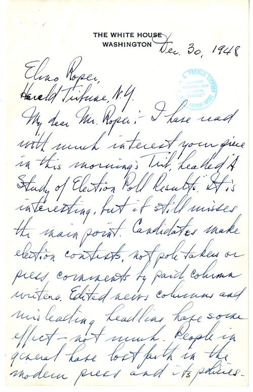 Draft Letter from President Harry S. Truman to Elmo Roper