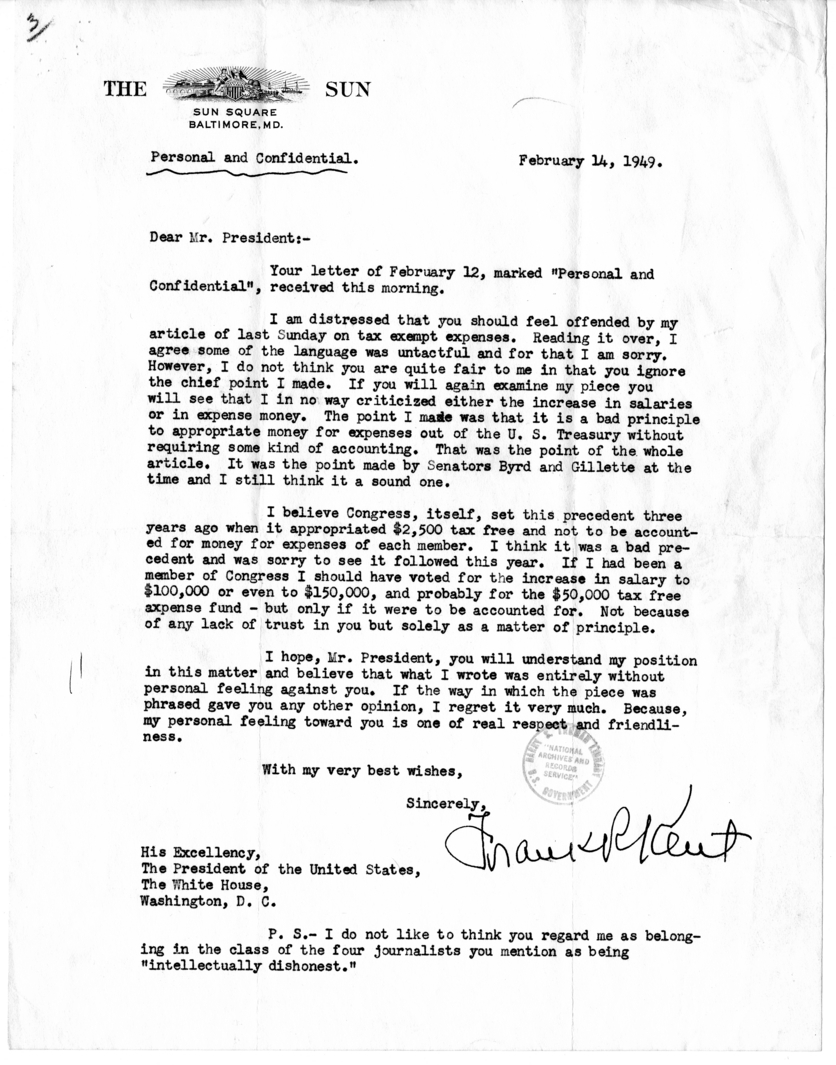 Letter from Frank R. Kent to President Harry S. Truman