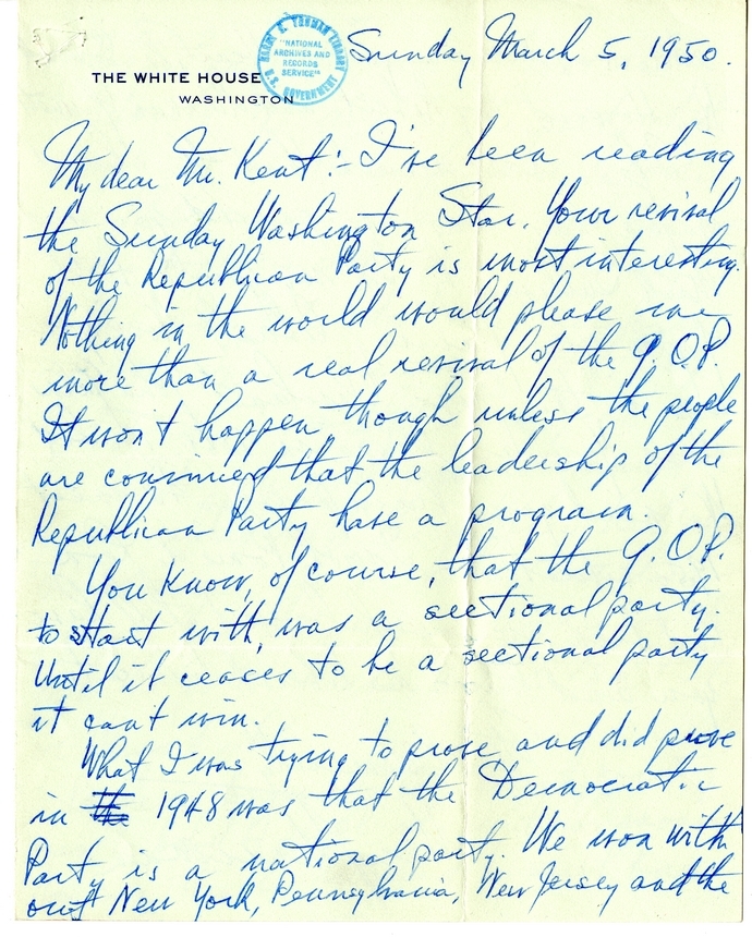 Unsent Letter from President Harry S. Truman to Frank Kent