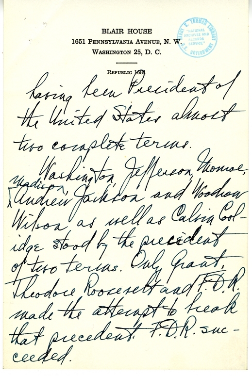 Longhand Note of President Harry S. Truman