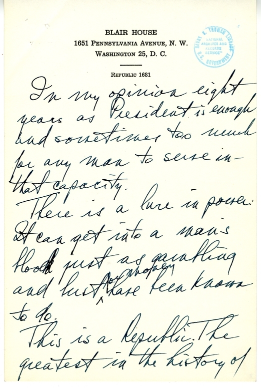 Longhand Note of President Harry S. Truman