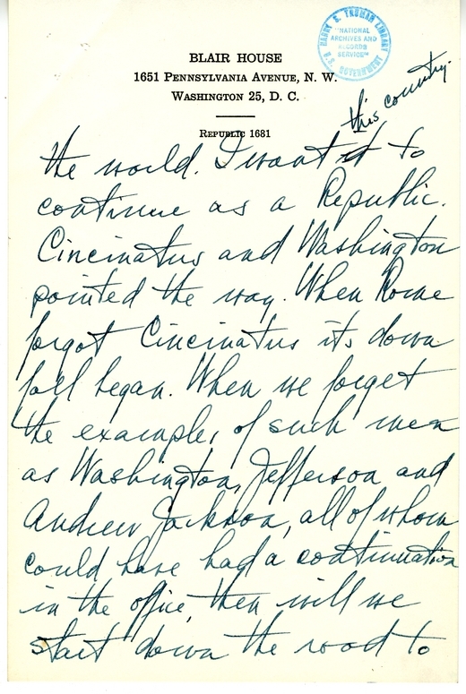 Longhand Note of President Harry S. Truman