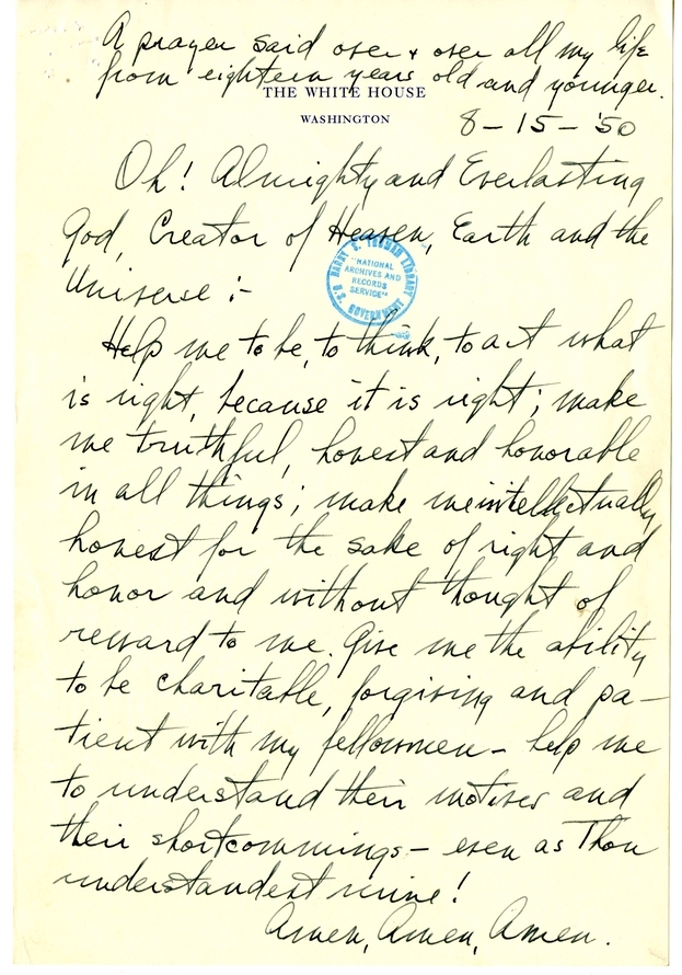 Longhand Note of President Harry S. Truman