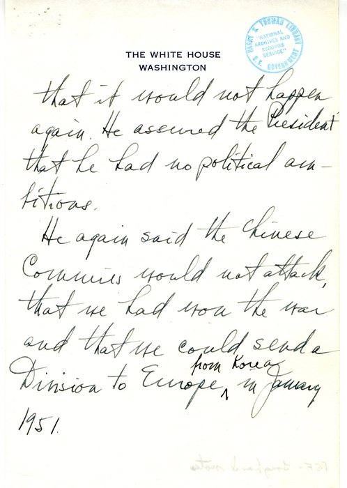 Longhand Note of President Harry S. Truman