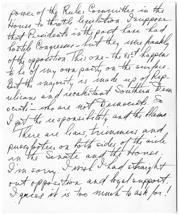 Longhand Note President Harry S. Truman