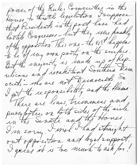 Longhand Note President Harry S. Truman