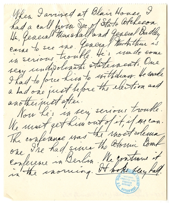 Longhand Note of President Harry S. Truman