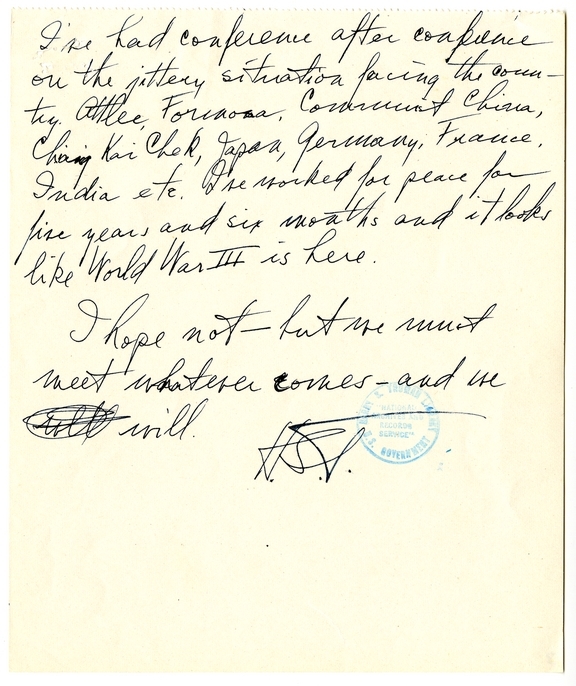 Longhand Note of President Harry S. Truman