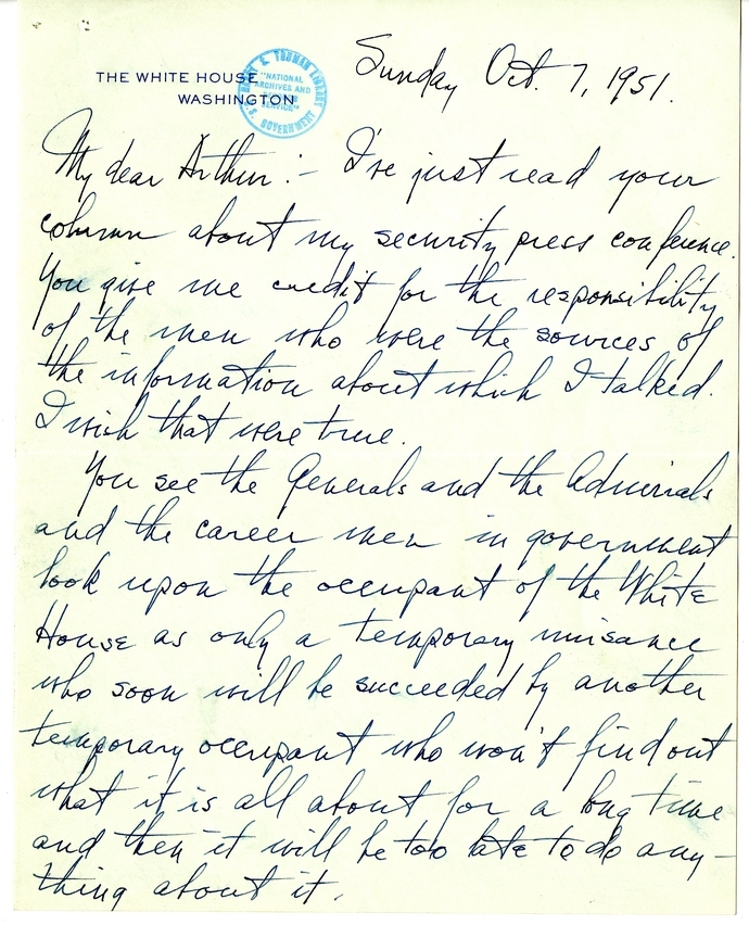 Unsent Draft Letter from President Harry S. Truman to Arthur Krock