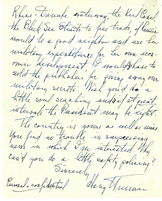 Unsent Draft Letter from President Harry S. Truman to Arthur Krock