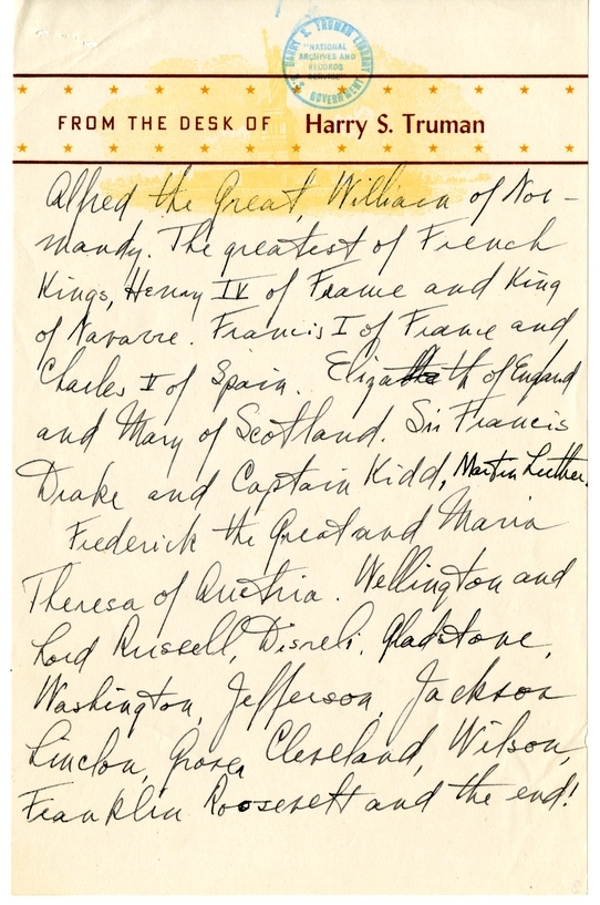 Longhand Note of President Harry S. Truman