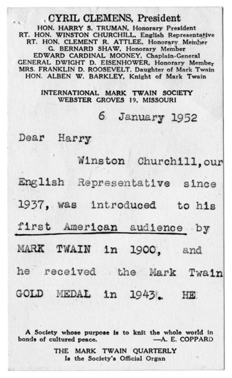 Letter from Cyril Clemens to Bess W. Truman