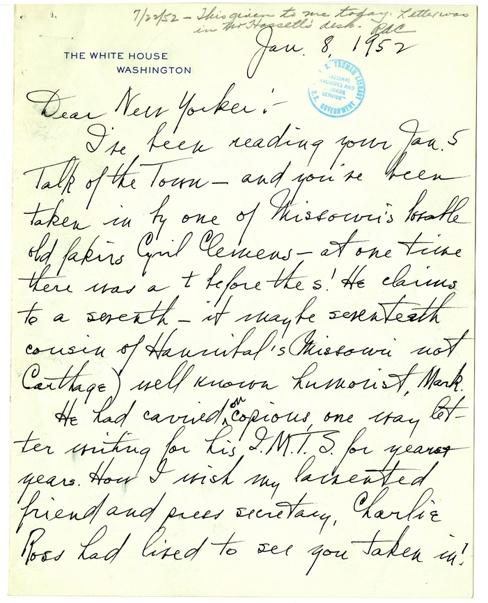 Unsent Letter from President Harry S. Truman to the New Yorker Magazine