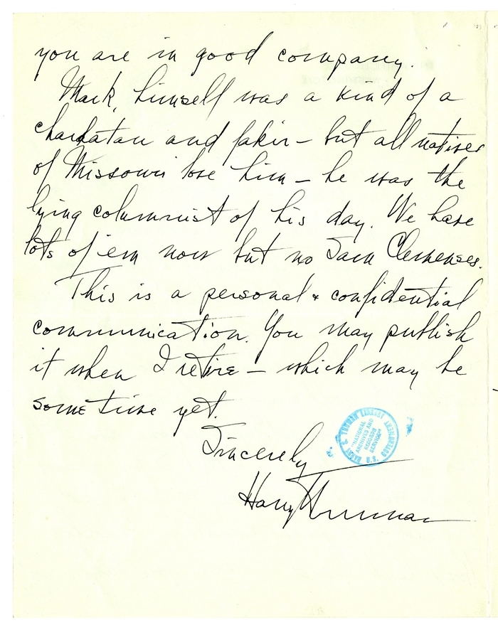 Unsent Letter from President Harry S. Truman to the New Yorker Magazine