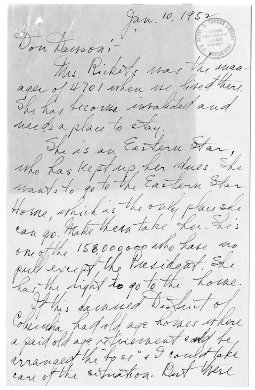 Draft Letter from President Harry S. Truman to Donald Dawson