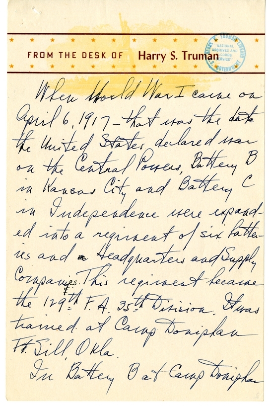 Longhand Note of President Harry S. Truman