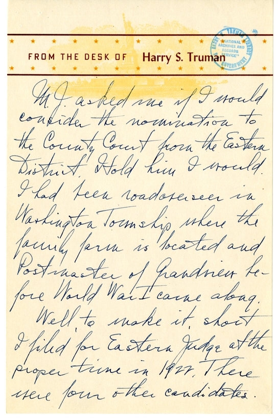 Longhand Note of President Harry S. Truman