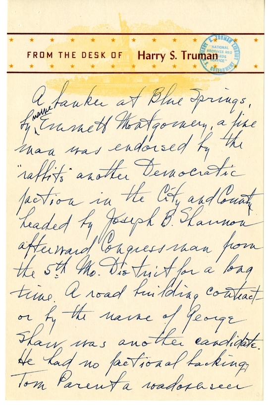 Longhand Note of President Harry S. Truman