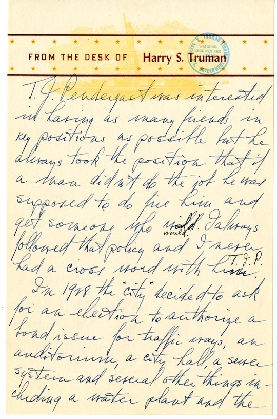 Longhand Note of President Harry S. Truman