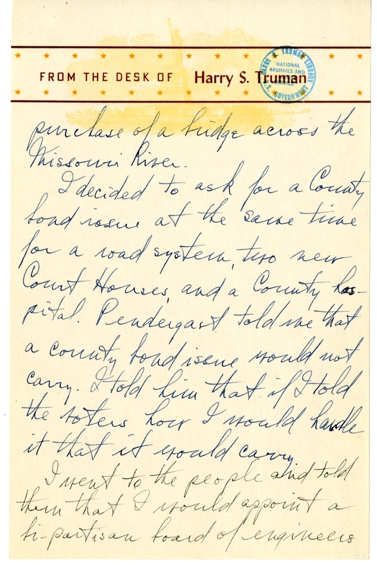 Longhand Note of President Harry S. Truman