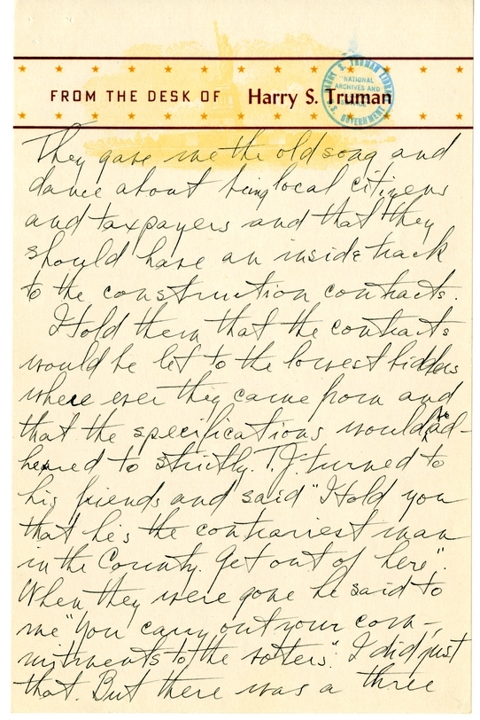 Longhand Note of President Harry S. Truman