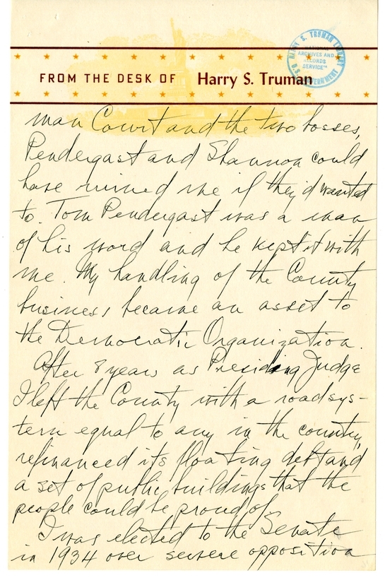 Longhand Note of President Harry S. Truman