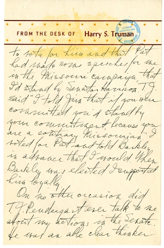 Longhand Note of President Harry S. Truman