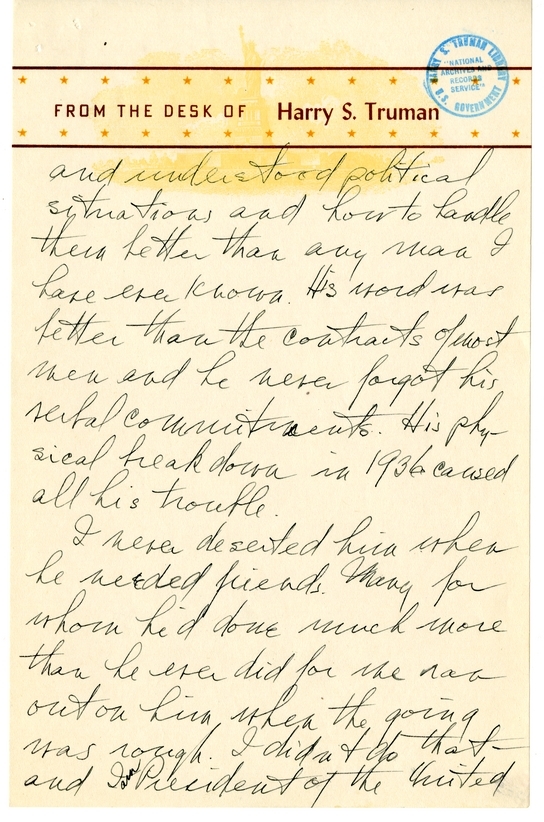 Longhand Note of President Harry S. Truman