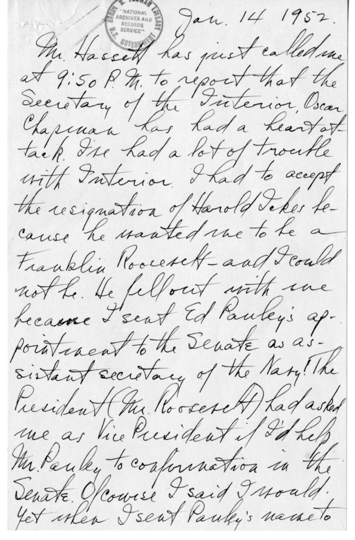 Longhand Note of President Harry S. Truman