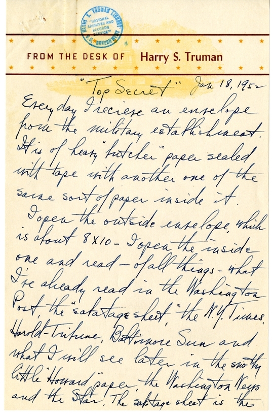 Longhand Note of President Harry S. Truman