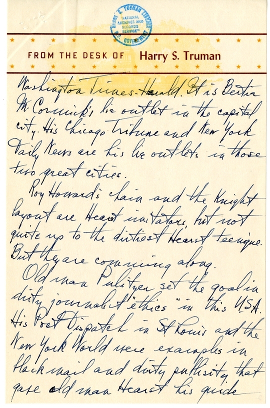 Longhand Note of President Harry S. Truman