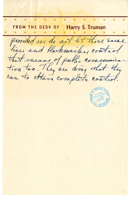 Longhand Note of President Harry S. Truman