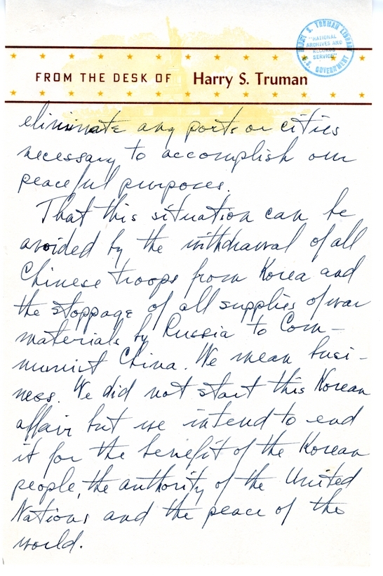 Longhand Note of President Harry S. Truman