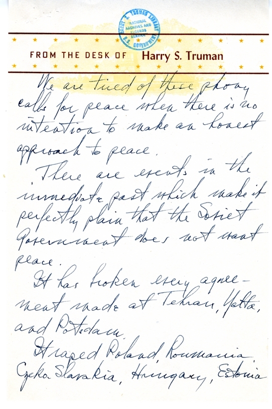 Longhand Note of President Harry S. Truman