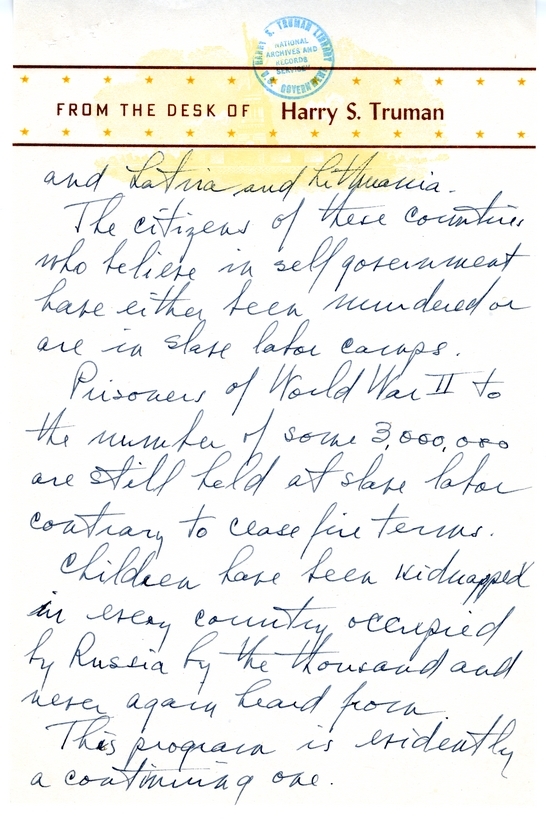 Longhand Note of President Harry S. Truman