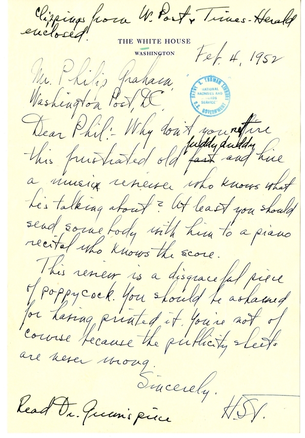 Longhand Note President Harry S. Truman