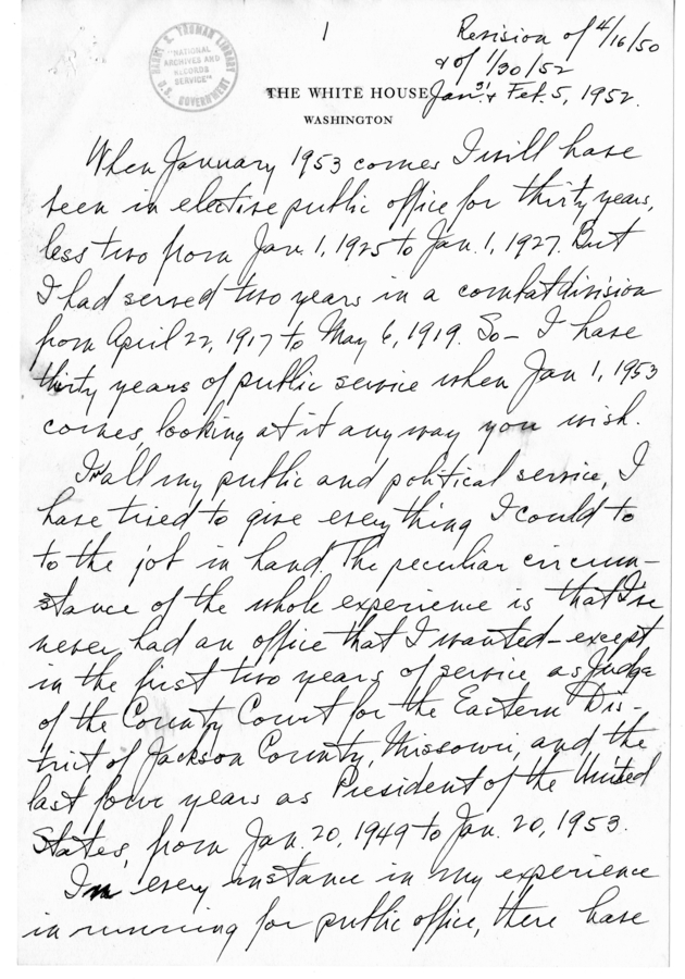 Longhand Note of President Harry S. Truman