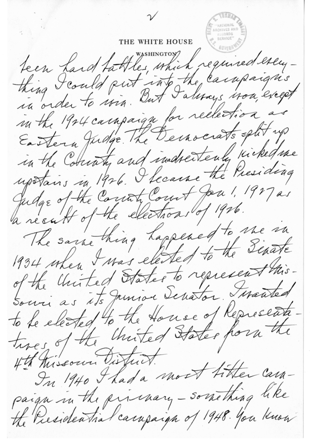 Longhand Note of President Harry S. Truman