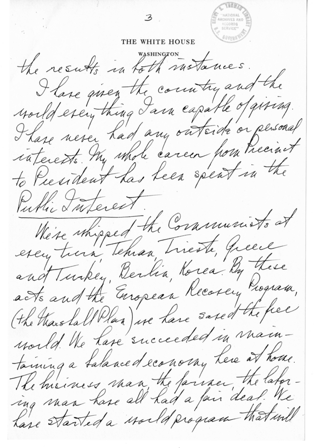 Longhand Note of President Harry S. Truman