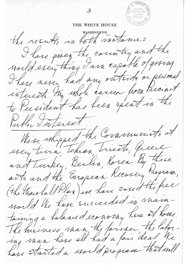 Longhand Note of President Harry S. Truman