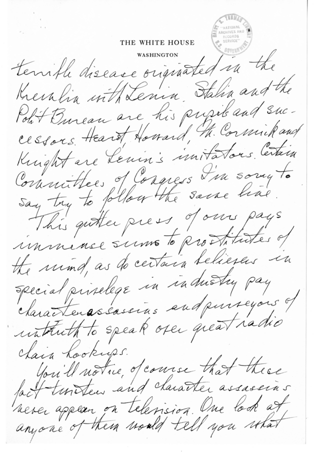 Longhand Note of President Harry S. Truman