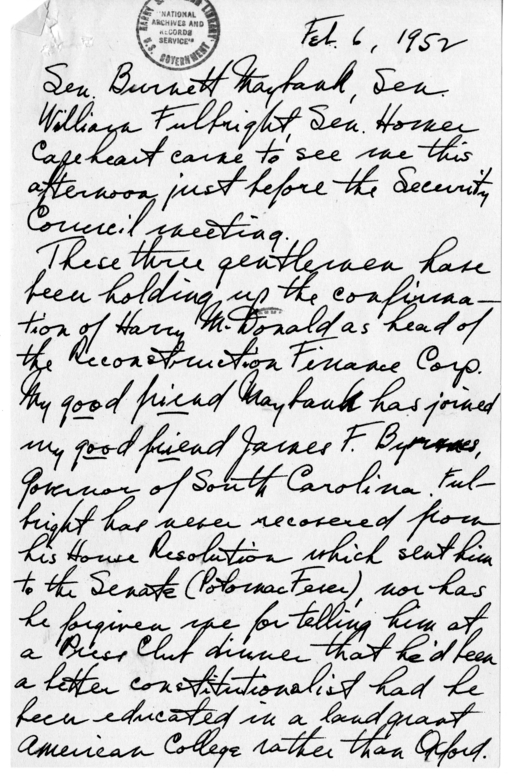 Longhand Note of President Harry S. Truman